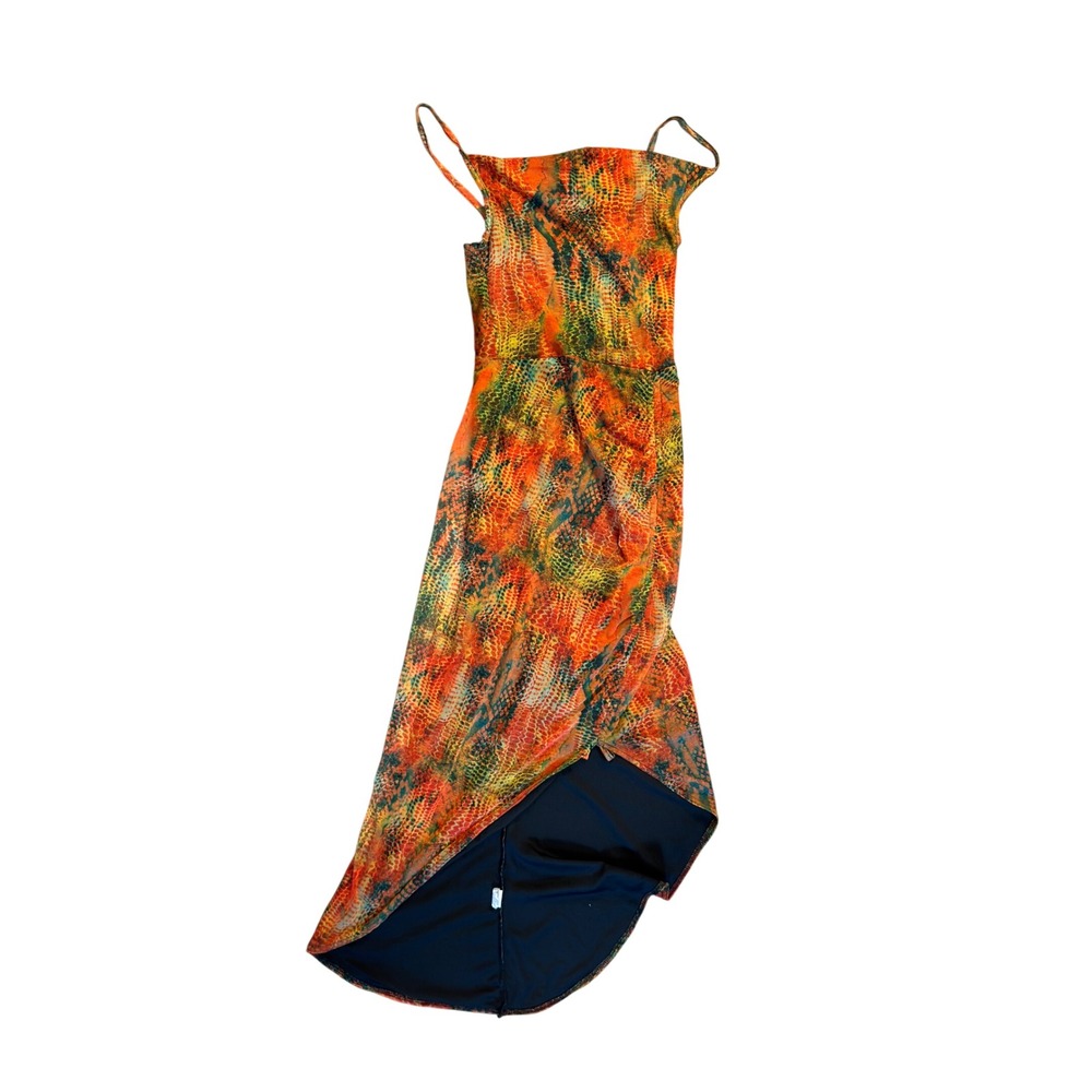 PrettyLittleThing Snakeskin High Low Maxi Dress Orange Green Y2K Size 6